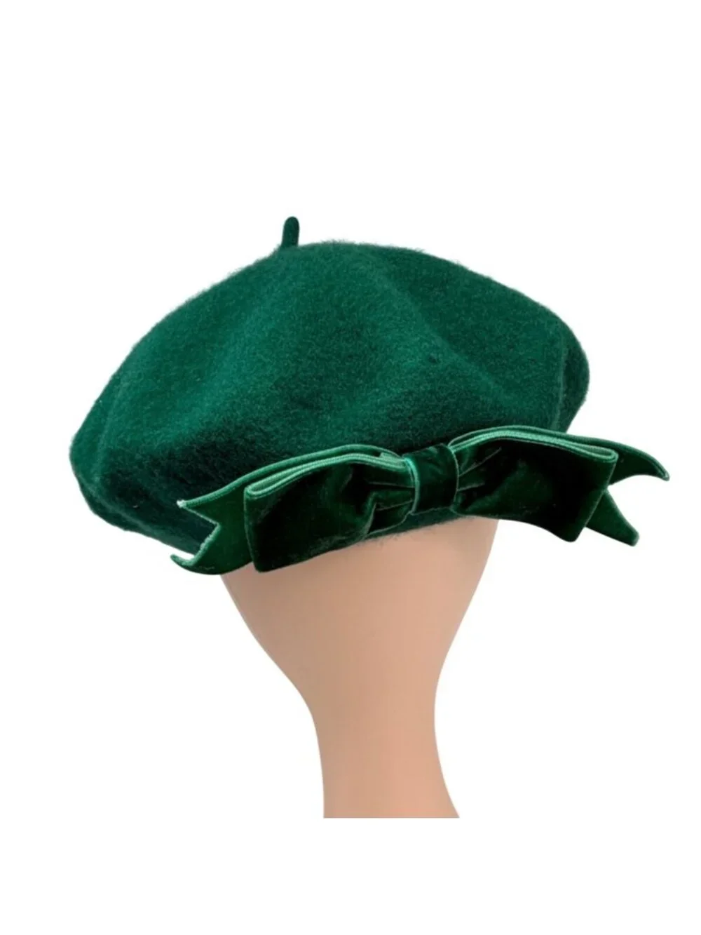 Vintage Emerald Green Wool Beret Velvet Bow Classic Parisian Style Hat